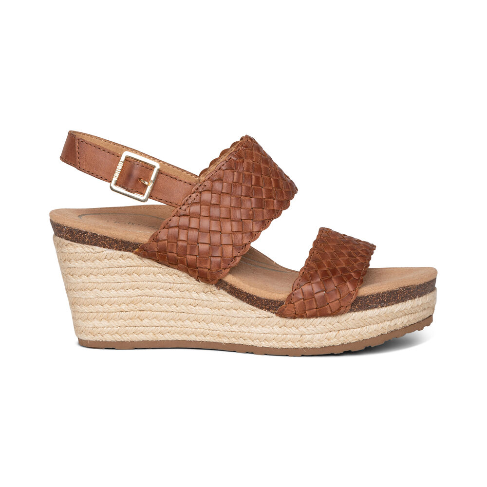 Aetrex Women's Summer Woven Quarter Strap Wedge Sandals - Brown | USA SD23CG7